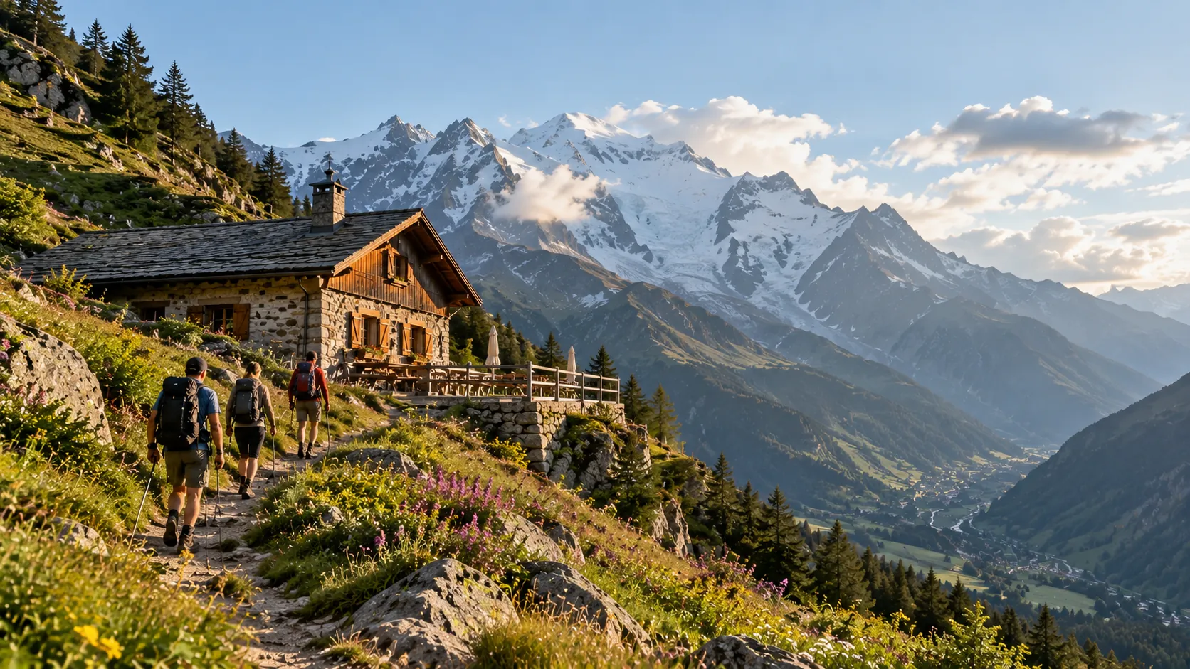 Hikers arriving at a stone mountain hut in evening light