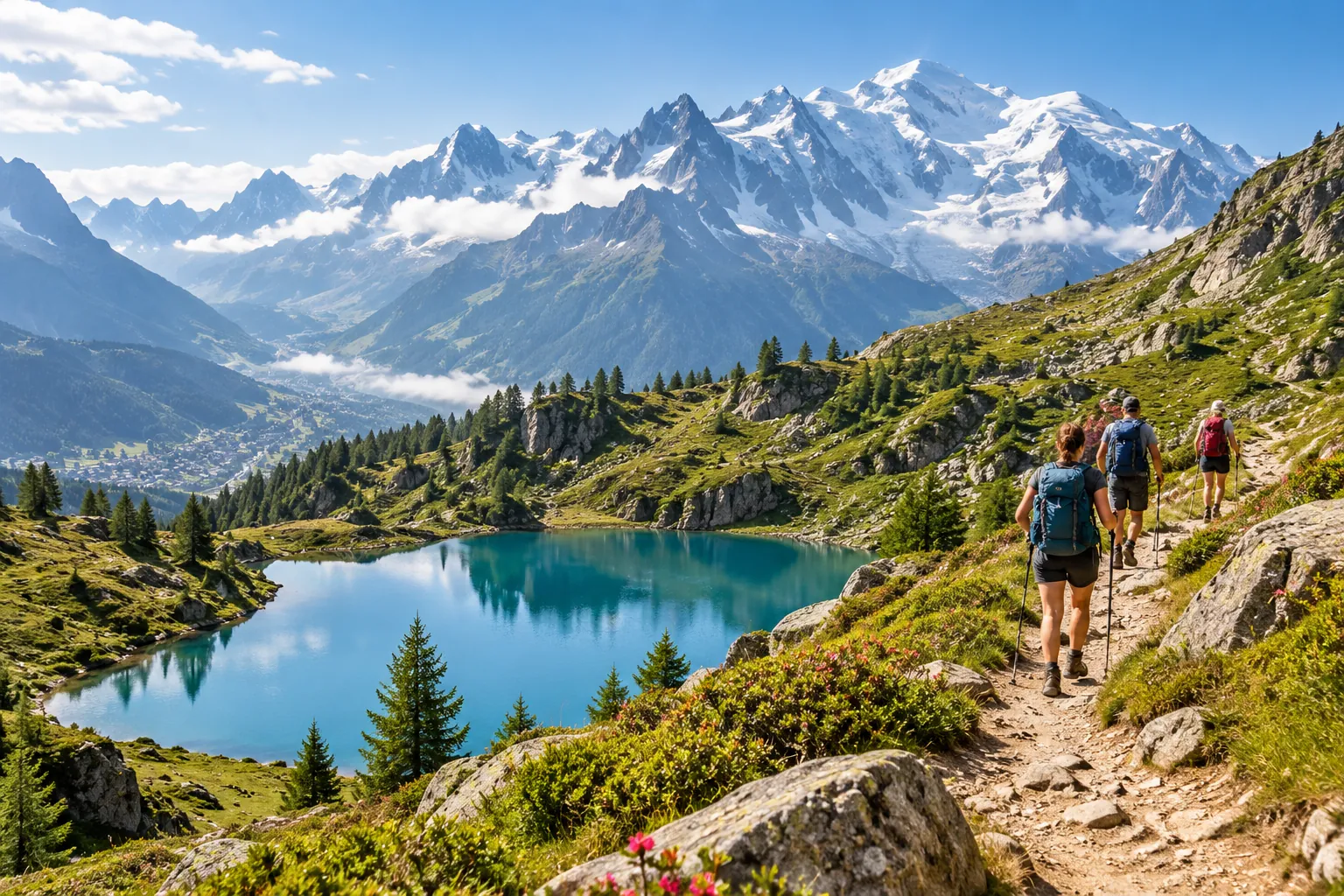 Hikers passing an alpine lake below the Mont Blanc massif