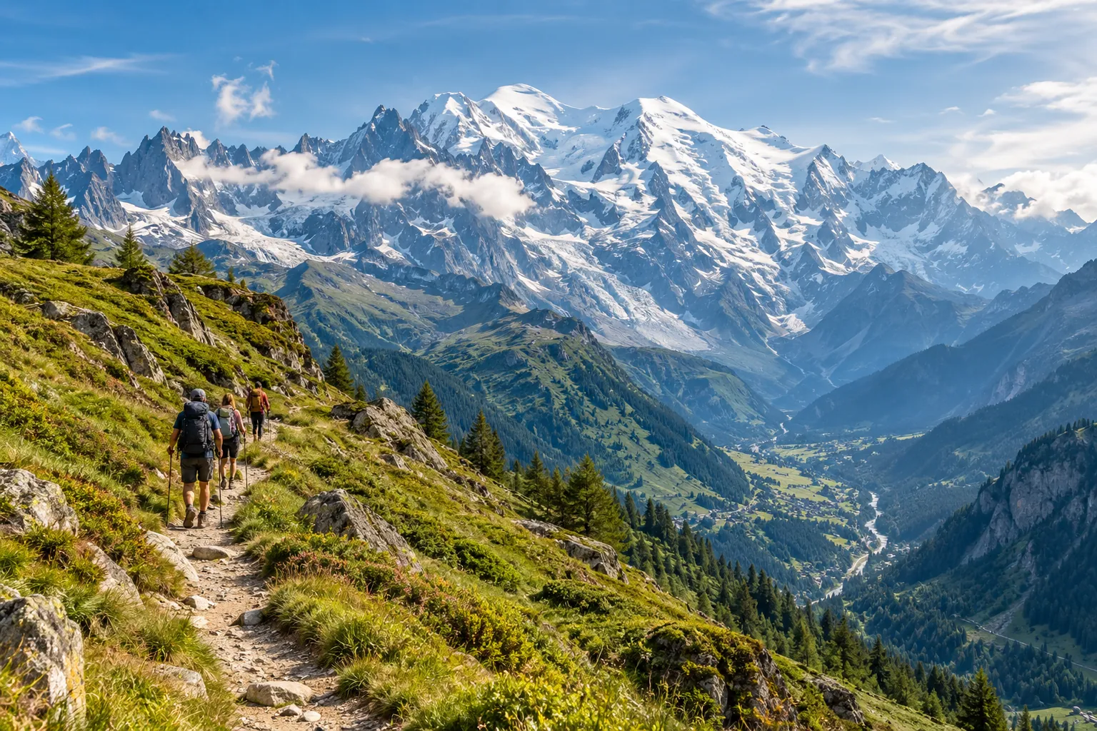 Hikers on a mountain path with Mont Blanc ahead