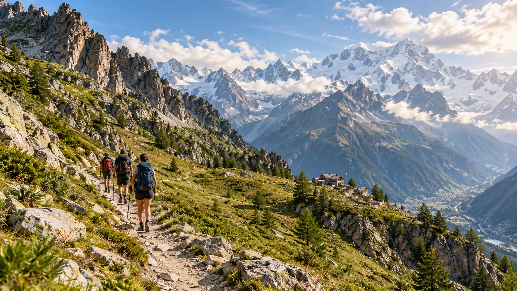 Hikers walking towards a mountain refuge above the valley